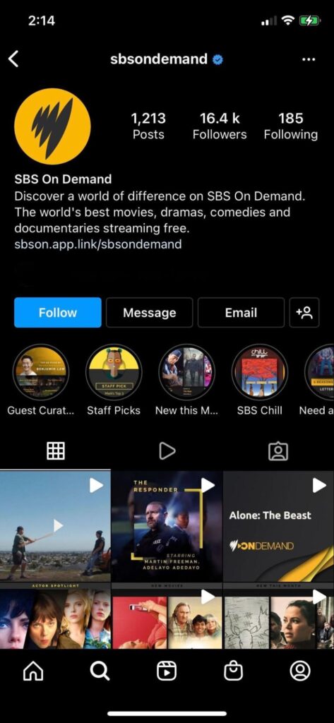 screenshot of a click-to-open Branch deep link on instagram account for SBS On Demand streaming app