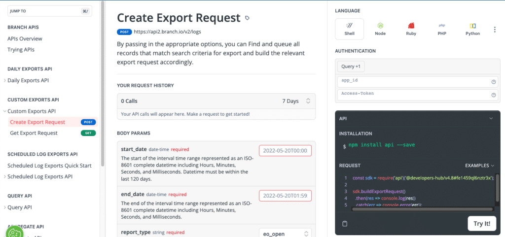 Branch create export request feature