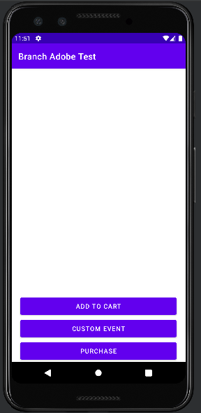 Graphic of a Branch Adobe Test app with buttons Add to cart, Custom event, and Purchase.