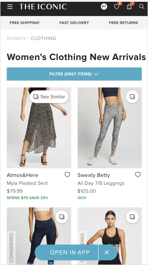 Screenshot of THE ICONIC women's clothing new arrives shopping screen.
