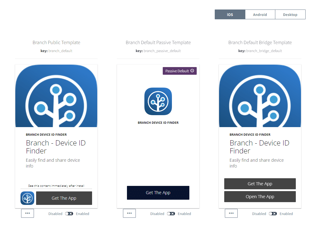 Three images showing Branch's mobile-optimized Deepviews templates